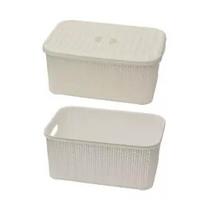 JVL Knit Design Loop Plastic Lidded Rectangular Storage Basket with Handles, Ivory