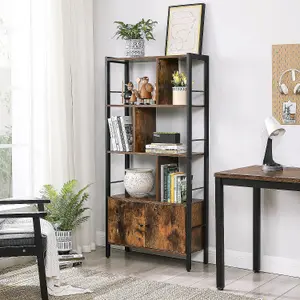 VASAGLE Bookshelf, Storage Shelf, Large Bookcase with Doors, 4 Shelves, Industrial, Rustic Brown and Black