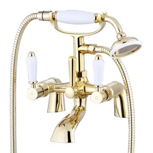 ENKI, Downton, BT0608 Bath Shower Mixer Tap With White Ceramic Levers English Gold