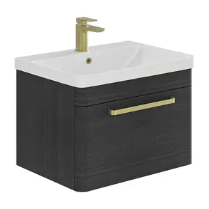 Emery Textured Black Wall Hung Bathroom Vanity Unit & Basin Set with Gold Handles (W)80cm (H)46cm