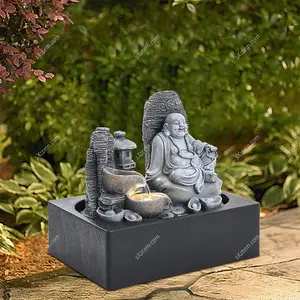 Buddha Statue Style Flowing Water Rockery Desktop Decoration with LED Lights and Succulents