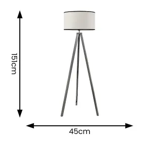 ValueLights Barbro Grey Wood Tripod Floor Lamp with Natural Linen with Black Trim Drum Shade