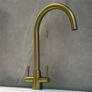 Liquida LU409BR Monobloc Swan Neck Twin Lever Brushed Brass Kitchen Mixer Tap