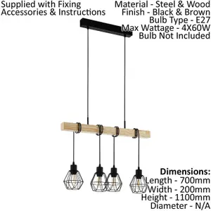 Hanging Ceiling Pendant Light Black Cage & Wood 4x E27 Kitchen Island Lamp