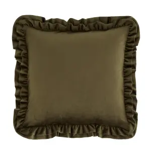 Catherine Lansfield So Soft Velvet Touch Double Frill 43x43 cm Cushion Olive Green