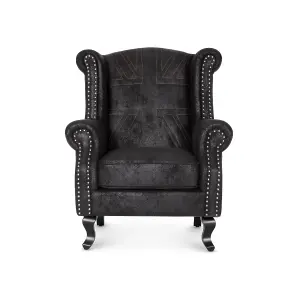 Faux Leather Suede Effect Britannia Wing Back Chair with Union Jack Flag Black