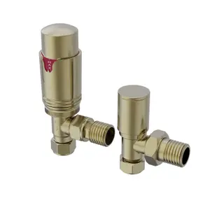 Rinse Bathrooms Thermostatic Radiator Valve 15mm Angled Radiator TRV + Lockshield for Heated Towel Rail Radiator Brushed Brass