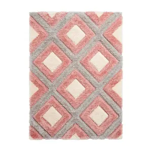 Grey Pink Shaggy Rug, Geometric Rug with 40mm Thickness, Modern Luxurious Rug for Bedroom, & Dining Room-120cm X 170cm