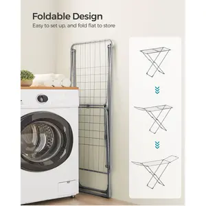 Clothes Airer, Foldable Clothes Drying Rack, Clothes Horse With Gullwings, Free-Standing Laundry Rack, Indoor Outdoor Use, Bed Linen Clothing, Black Grey