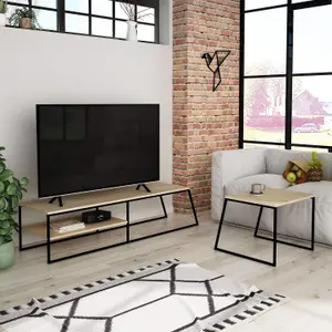 FWStyle Modular TV Unit Sofa Table Set Modern Design Black Metal Natural Oak