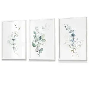 Set of 3 Green Blue Watercolour Eucalyptus Set 2 Wall Art Prints / 30x42cm (A3) / White Frame