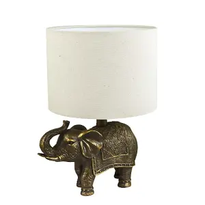 Antique Gold Vintage Elephant Resin Lamp with Off-White Oatmeal Linen Shade