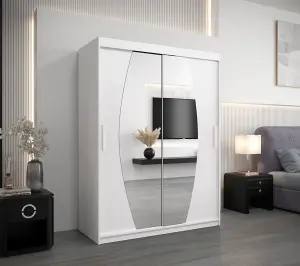 Elypse Contemporary 2 Mirrored Sliding Door Wardrobe 5 Shelves 2 Rails White (H)2000mm (W)1500mm (D)620mm