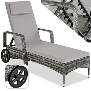 Sun Lounger - 6-position backrest, weather & UV-resistant, soft pillow, two wheels - grey/light grey