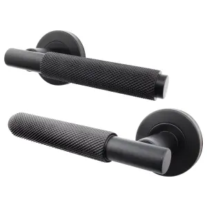 AFIT Matt Black Internal Door Handle - 1 Pair Knurled Matt Black Lever on Rose Round Handles - Dixon Range