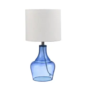 Modern Midnight Blue Glass Lamp with Natural Linen Fabric Shade and Clear Cable