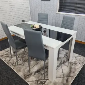 Modern White and Black Wood Dining Table With 4 Grey Chairs