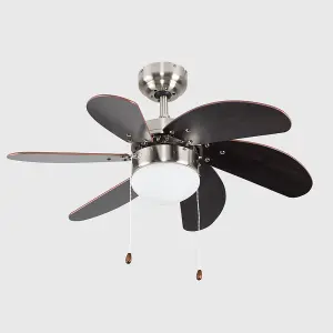 ValueLights Silver Chrome & Wood 30" Modern 6 Blade Ceiling Fan with Flush Light - Includes 4w LED Golfball Bulb 3000K Warm White