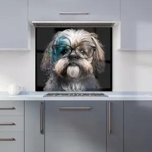 Lhasa Apso With Glasses Splashart Premium Glass Kitchen Splashback W600mm x H650mm