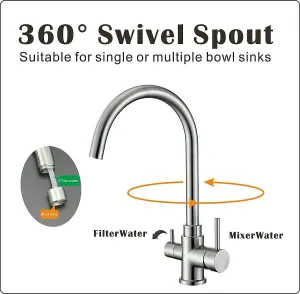 Hommix Pisa Brushed 304 Stainless Steel 3-Way Tap (Triflow Filter Tap)