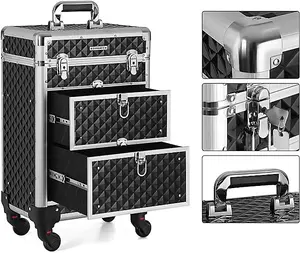 SONGMICS Make Up Trolley, Cosmetic Case, Beauty Case, Hairdressing Case, with 4 Removable Universal Wheels, Top with 3 Levels, Dra