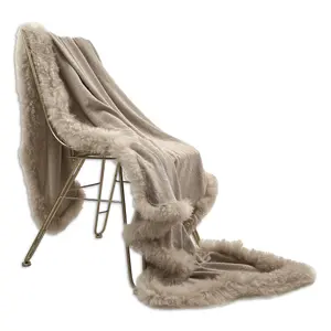 Woven Beige Wool Blanket Sheepskin Trim