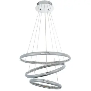 LED Ceiling Pendant Light 47W Warm White Chrome & Crystal 3 Ring/Hoop Strip Lamp