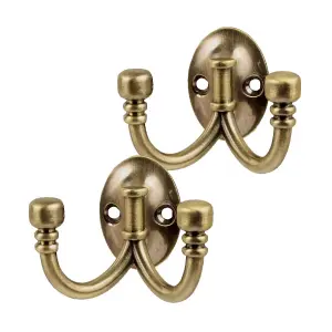 5 x Double Coat Hooks Metal Antique Brass Ball End, Door Robe & Dress Hangers