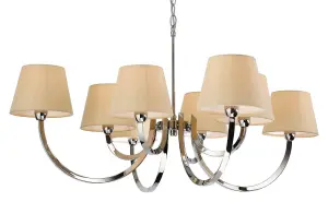 Luminosa Fairmont 8 Light Multi Arm Chandelier Polished Stainless Steel, Cream Linen Shade, E14