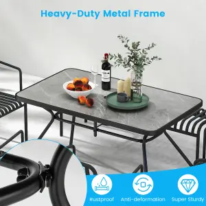 Costway Patio Rectangle Dining Table Outdoor Table w/ Umbrella Hole Marble-Like Tabletop