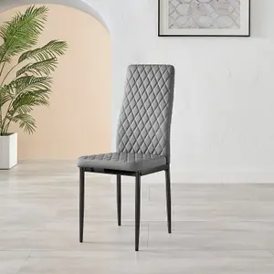 Set of 4 Milan Elephant Grey High Back Soft Touch Diamond Pattern Faux Leather Black Powder Coated Metal Leg Dining Chairs