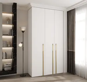 Stylish White Como 3 Hinged Door Wardrobe H2460mm W1300mm D500mm, Three Doors, Eight Shelves, Hanging Rail, Gold Vertical Handles