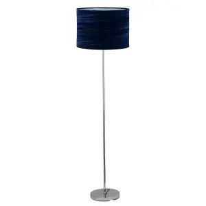 First Choice Lighting Chrome Stick Floor Lamp with Navy Blue Crushed Velvet Shade