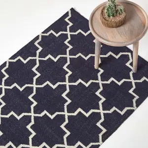 Homescapes Edmonton Navy Blue and White 100% Cotton Geometric Pattern Kilim Rug, 160 x 230 cm