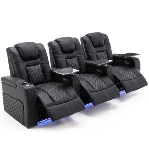 Broadway 3 Seater Electric Recliner Cinema Sofa USB Charging Led Base With Tray (Black w White Stitching)