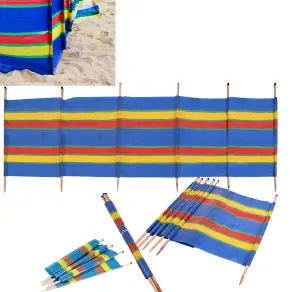 6 Pole Wooden Windbreak Beach Camping Windbreaker Sun Wind Shelter Striped 5ft High X 12ft Long Traditional