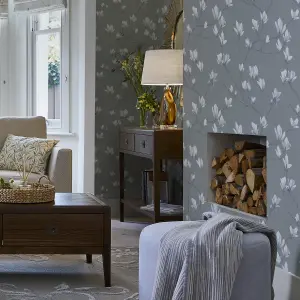 Laura Ashley Magnolia grove Slate Floral Smooth Wallpaper Sample