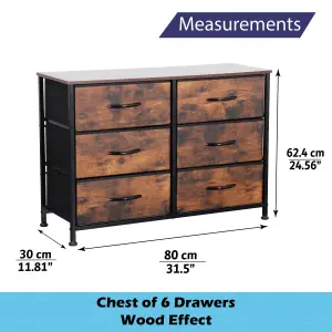 Wooden Effect Chest Of Drawers With Metal Frame, 6 Large Deep Fabric Drawers Organiser Storage