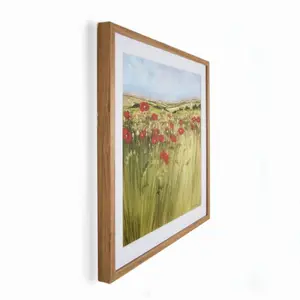 Poppy Meadow Countryside Landscape Wood Stained Brown Framed Print