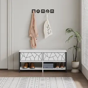 Decortie Modern Inola Shoe Bench White Engineered Wood Geometric Laser-Cut Shape on 2-Door Cupboard 105(W)cm Metal Legs Hallway