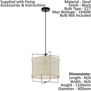 Hanging Ceiling Pendant Light Black & Linen Shade 1x 40W E27 Feature Lamp