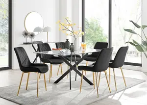 Furniturebox UK Leonardo Black Leg Glass Dining Table & 6 Black Pesaro Gold Leg Chairs