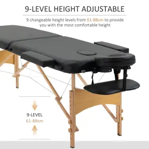 HOMCOM Wooden Folding Spa Beauty Massage Table w/ 2 Sections, Carry Bag, Black