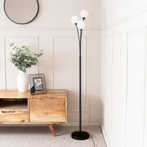 ValueLights Velika Black 3 Way Triple Floor Lamp with White Frosted Glass Globe Shades Light - LED Bulbs Included