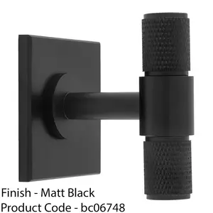 Knurled T Bar Cabinet Door Knob & Matching Backplate - Matt Black 40 x 40mm