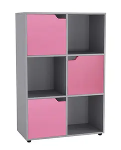 URBNLIVING 6 Cube Grey Wooden Bookcase Shelving Display Shelves Storage Unit Wood Shelf Pink Door