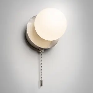 CGC MACIE Satin Nickel & White Opal Globe LED Rechargeable Magnetic USB Reading Bedside Wall Light Pull Cord Switch