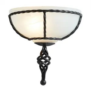 Wall Light Twisted Wrought Iron Opaque Glass Shade Black LED E27 60W