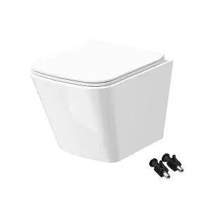 Bubly Bathrooms™ White Short Projection Square Rimless Wall Hung Toilet Pan & Soft Close Seat - Hidden Fixation