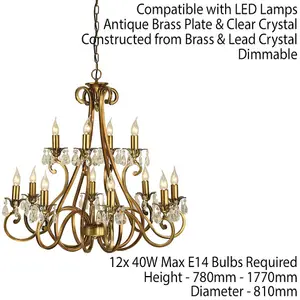 Esher Ceiling Pendant Chandelier Antique Brass & Crystal Curved 12 Lamp Light